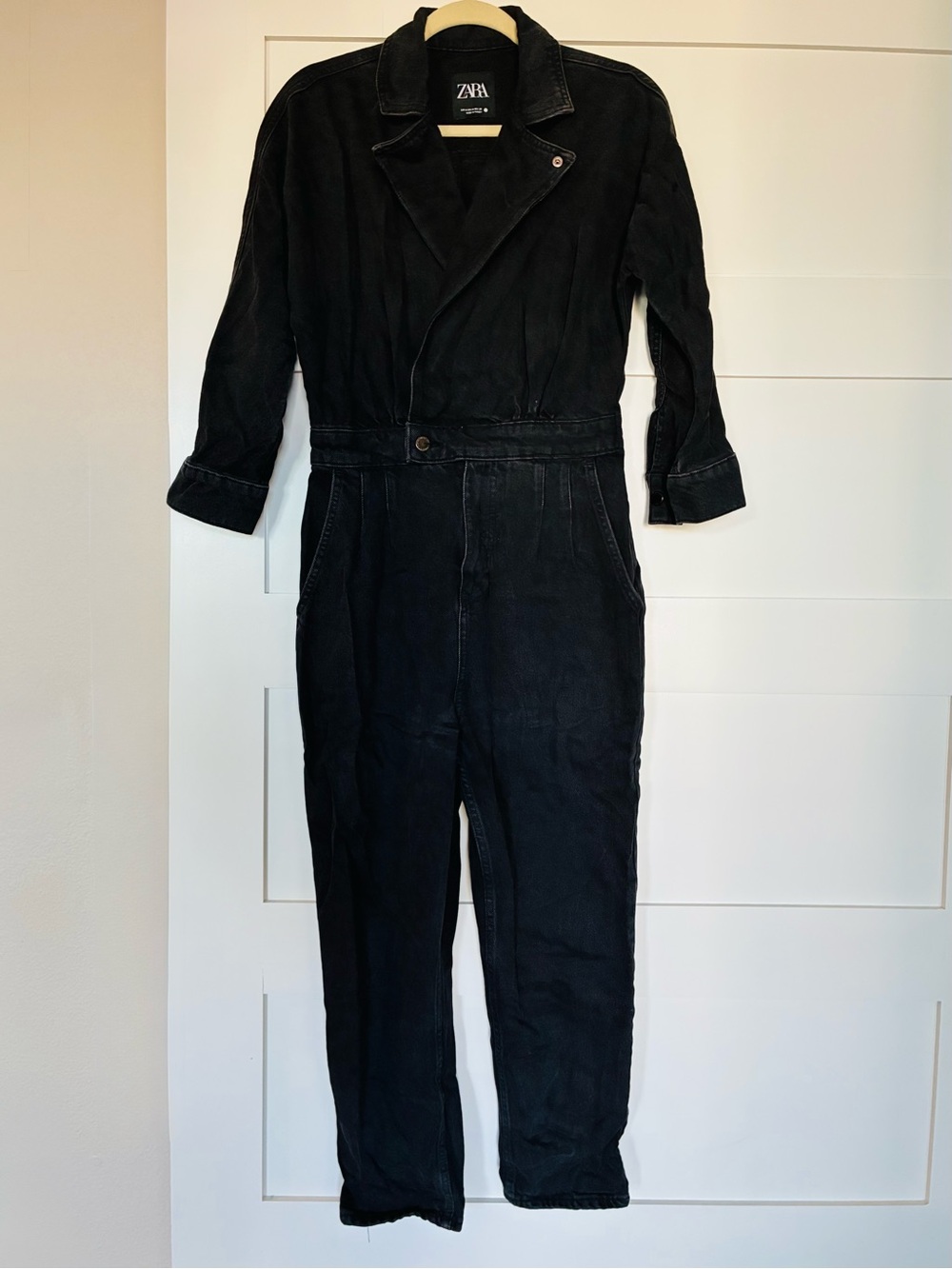 ZARA M Black Denim Long Sleeve Utility Jumpsuit
